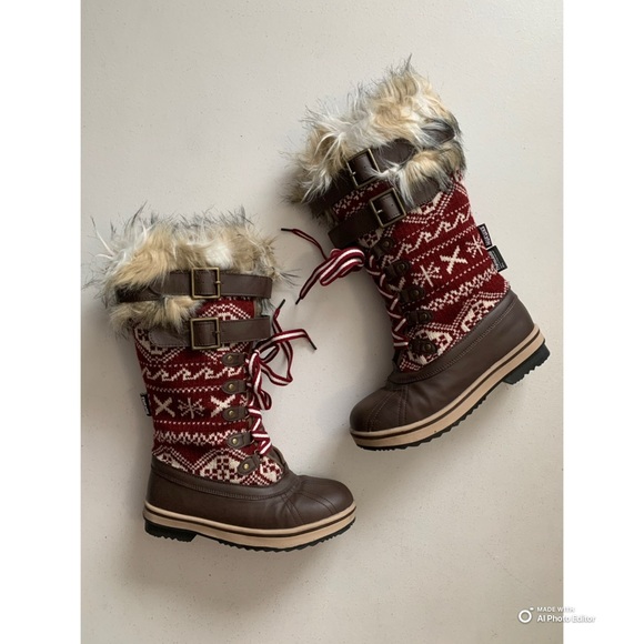 Muk Luks Faux Fur Lined Tall Winter Boots Size 8 Red, Brown & Cream EUC - Picture 1 of 17